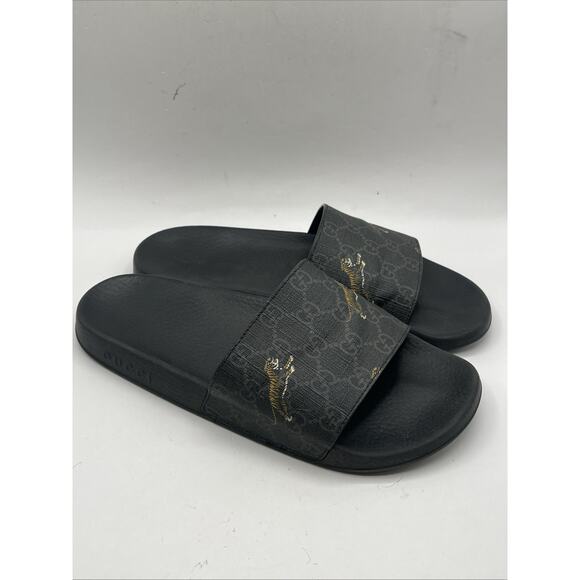 Gucci GG Supreme Slides Tiger Black Gold 407345 Men’s Sz US 10 USED AS IS main image 9